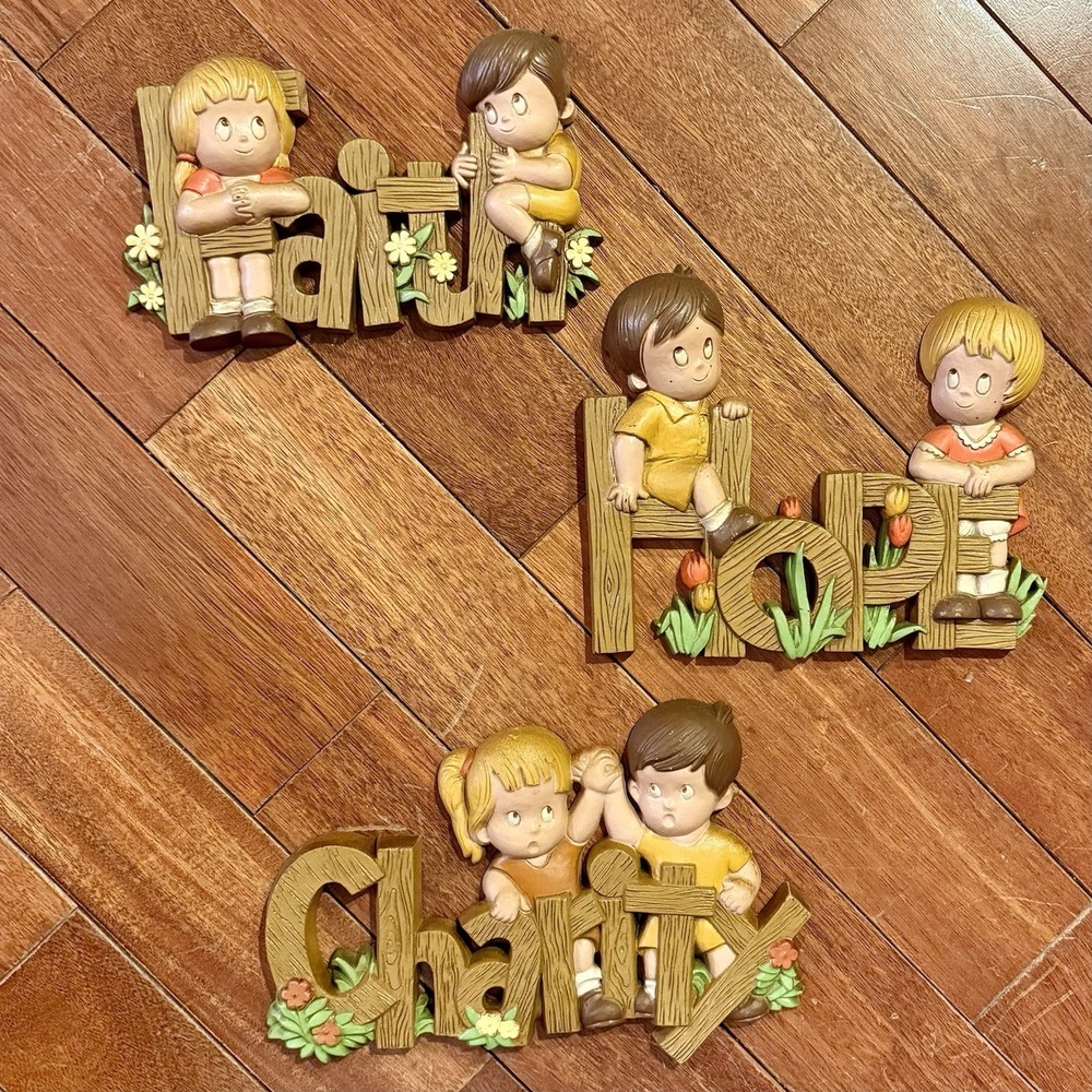 3pc VTG 80s Burwood Homco Faith Hope Charity Wall Decor Kids Boy‎ Girl Nursery